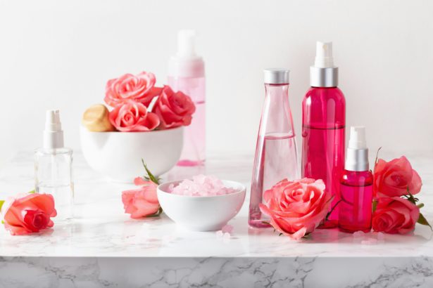 bottles skincare lotion serum medical rose flowers. organic natural cosmetic