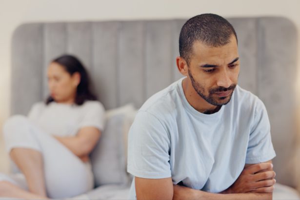 Frustrated couple, bed and breakup in fight, conflict or disagreement from argument or divorce at h