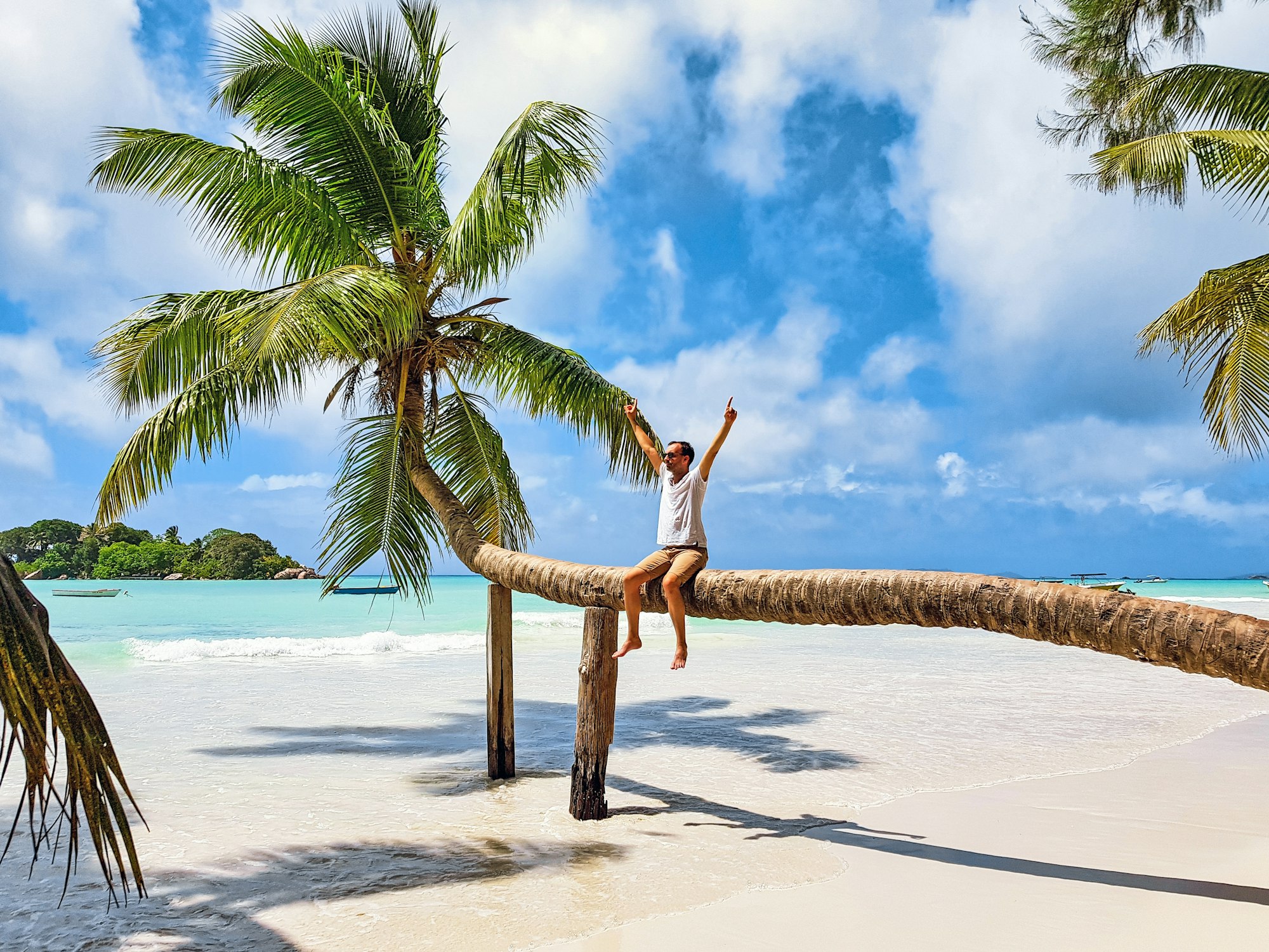 Young man sitting on palm tree on tropical sandy beach. Man on summer vacation at exotic destination